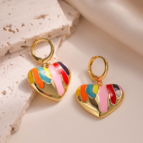 Stud Earrings Copper Gold Plated Enamel Oil Dripping Monstera Leaf Heart Chic Niche Colorful Jewelry For Women