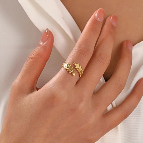 Anillo Abierto De Hoja De Acero Inoxidable Para Mujer Ajustable Chapado En Oro Rama De Olivo Espiga De Trigo Elegante