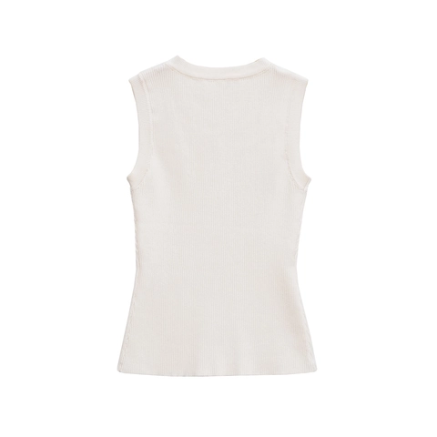 Women Ribbed Knit Tank Top Sleeveless Starfish Bead Embroidery Slim Fit Summer Casual White