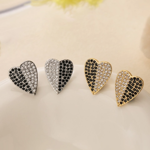 Hart Oorknopjes Koper Zirkonia Zwart Wit Contrast Pavé Elegant Mode Voor Dames