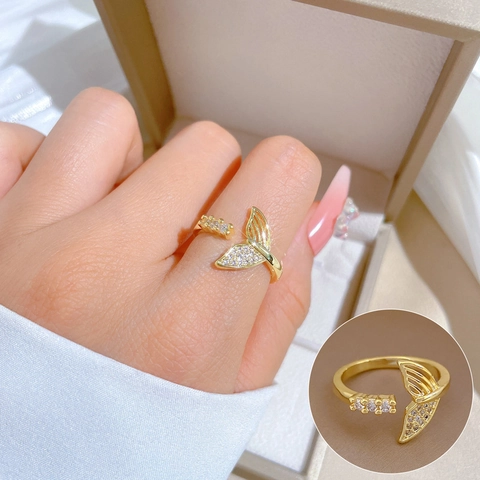 Anello Aperto Coda Di Pesce Sirena Ottone Placcato Oro Zirconia Cubica Regolabile Vuoto Gioiello Dito Elegante Donna
