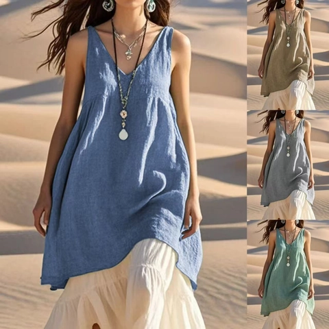 Vestido Casual Sin Mangas con Cuello en V de Mezcla de Lino para Mujer Holgado Liso Estilo Bohemio de Playa Midi