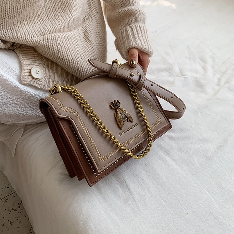 Women Fashion Bee Decor Square Crossbody Bag PU Leather Metal Chain Shoulder Bag Stitching Flap Purse