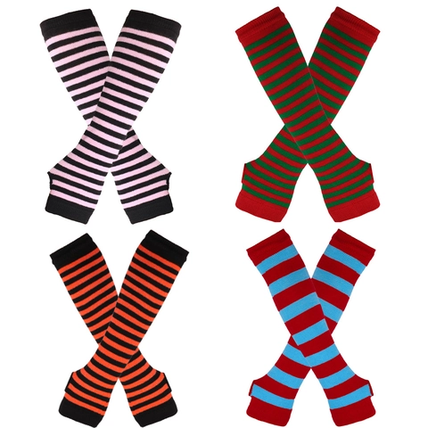Striped Knit Arm Warmers Fingerless Gloves With Thumb Hole Long Sleeves For Cosplay Halloween Christmas Fashionable Hand Covers