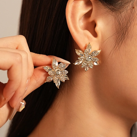 Boucles D'oreilles Puces Fleurs Strass Alliage Avec Tige En Argent Sterling 925 Flocon De Neige Bijoux Mode Pour Femmes