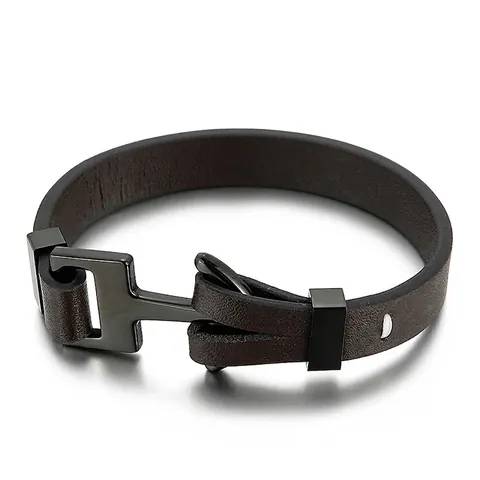 Herren Anker Armband Echtes Leder Geflochten Edelstahl Schwarz Beschichtet Nautischer Punk Schmuck