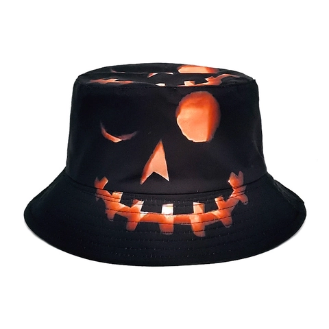Reversible Bucket Hat Polyester Sun Protection Jack-O-Lantern Pumpkin Face Print Novelty Fisherman Hat Outdoor