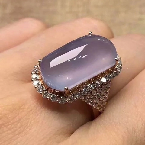 Elegant Women Ring Oval Purple Imitation Moonstone And Cubic Zirconia Pave Copper Base Rose Gold Tone Luxury Accessory