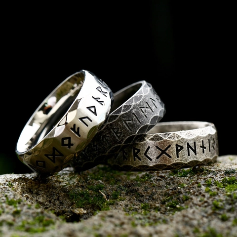 Anillos de Runas Vikingas Nórdicas de Acero Inoxidable Vintage Martillado Futhark Rune Ring para Hombres Mujeres Joyería Retro