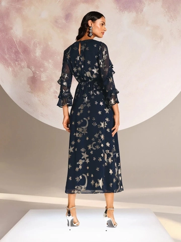 Vestito Lungo Donna Blu Scuro Stampa Celeste Luna Stella Pianeta Poliestere Maniche A Campana Scollo Tondo Aderente Retrò