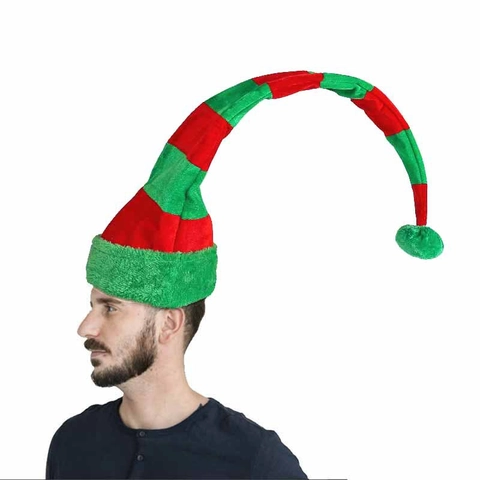 Cappello Elfo Natale Lungo Strisce Filo Di Ferro Pieghevole Tessuto Peluche Festa Accessori Costume Rosso Verde Bianco Pom Pom