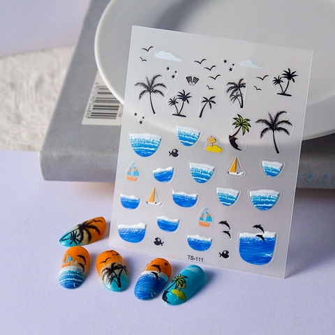 Pegatinas 5D Relieve Uñas Tema Playa Océano Verano Cocotero Tropical Ola Delfín Calcomanías Autoadhesivas Manicura DIY