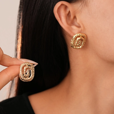 Vintage Hammered Metal Geometric Earrings With Silver Earring Post Gold Spiral Square Studs For Women