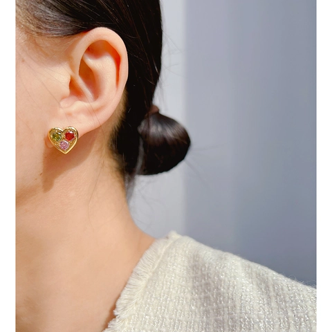 Squisiti Orecchini a Bottone Tondi a Cuore in Zirconia Arcobaleno Per Donna Gioielli in Stile Lolita Dolce Placcati Oro Con Perno in Argento 925