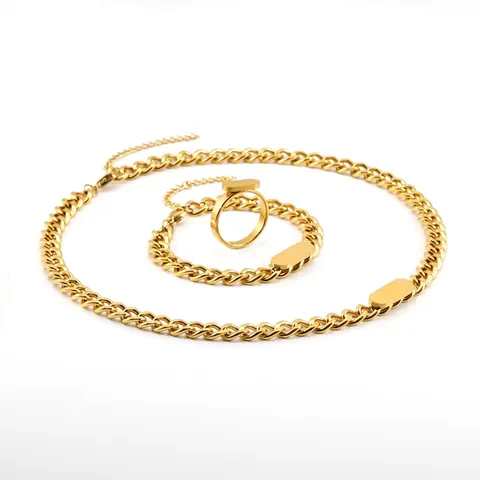 18K Vergoldeter Edelstahl Halskette Armband Ohrringe Ring Schmuck Panzerkette Rechteckige Bar Retro Für Frauen