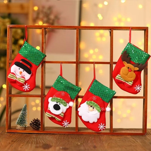 Felt Christmas Stocking With Green Sequin Hanging Ornament Cartoon Santa Claus Snowman Reindeer For Christmas Tree Gift Bag
