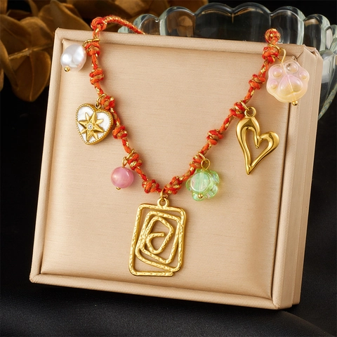 Bunte Gewebte Seilhalskette Mit Edelstahl Herz Blume Pfote Anhänger Harzperlen Schmuck Für Frauen Y2K Stil