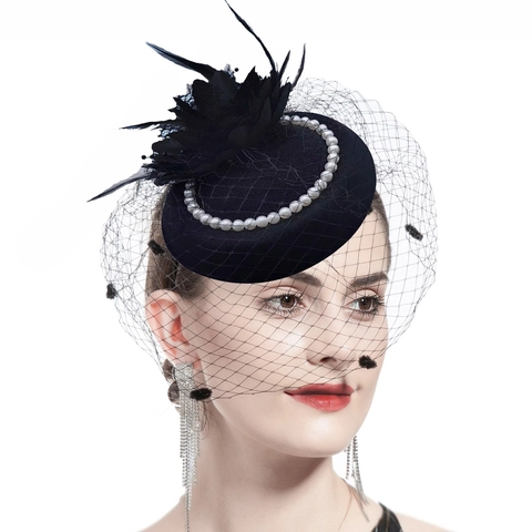 Cappello Fascinator Vintage Con Velo In Rete Künstliche Perle Artificiali E Piume Elegante Retro Mini Cappello Clip Per Capelli Festa