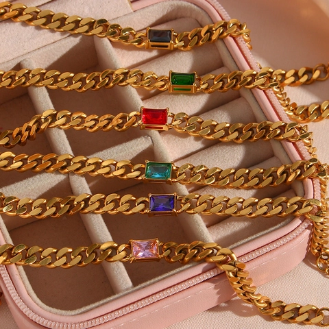 18K Gold Plated Stainless Steel Cuban Link Bracelet With Rectangular Zircon Gemstone Adjustable Fashion Jewelry