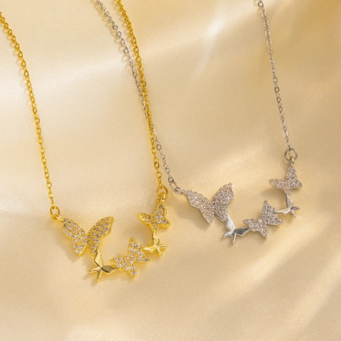 Schmetterling Anhänger Halskette Titanstahl Zirkon Mikro Gestreut Koreanische Mode Eleganter Schmuck