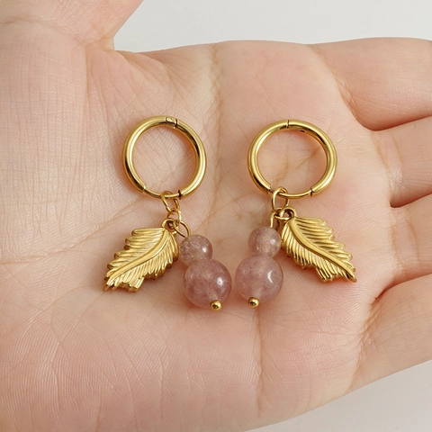 Boho Hoop Ohrringe 18K Vergoldeter Edelstahl Blattfeder Anhänger Naturstein Rundperlen Vintage Für Damen