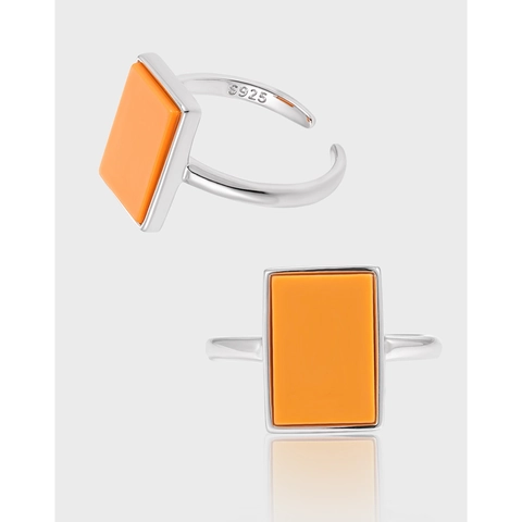 Anello Quadrato Geometrico in Argento Sterling 925 per Donna Intarsiato con Turchese Arancione Anello Aperto Regolabile Gioielli di Moda Elegante