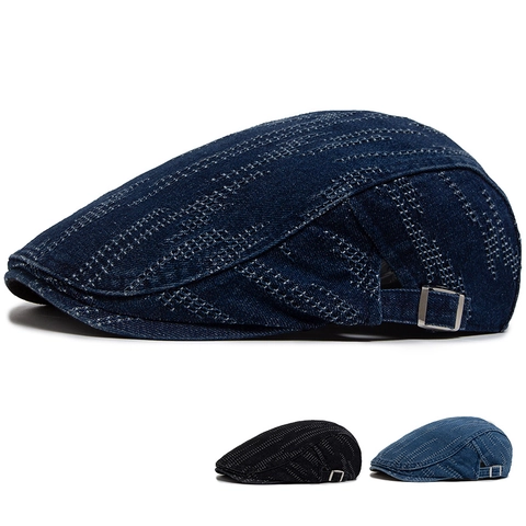 Vintage Denim Platte Pet Verstelbare Katoen Retro Ivy Baret Hoed Voor Heren Dames Geruite Naden Casual