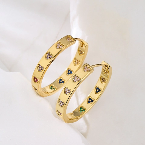 Vintage Heart Hoop Earrings Copper 18K Gold Plated Colorful Zircon Inlay INS Style Jewelry For Women