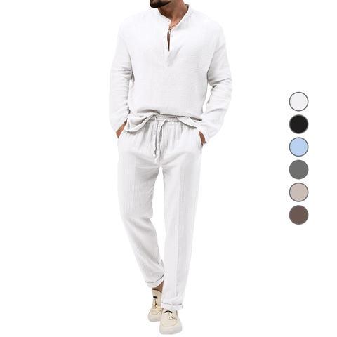 Conjunto de Parte Superior E Inferior Casual para Hombre Color Sólido Camisa Henley de Manga Larga Y Pantalones de Poliéster Transpirable Arrugado