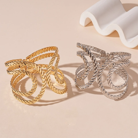 Twisted Rope Texture Open Cuff Bangle Bracelet Wide Hollow Geometric Metal Statement Jewelry For Women Vintage Style