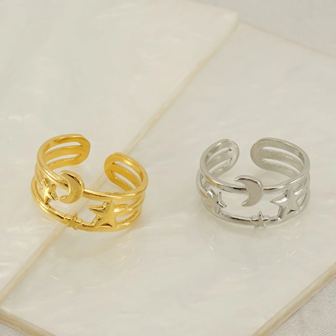 Anillo Ajustable Abierto Estrella Luna Hueca Acero Inoxidable Multicapa Joyería Moda Elegante Minimalista Mujer
