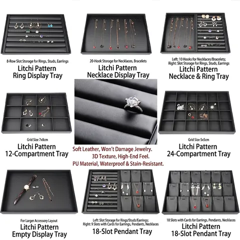 Black PU Leather Jewelry Display Tray Litchi Pattern Counter Organizer For Rings Necklaces Earrings Pendants Jewelry Storage