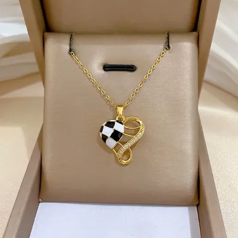 Collana Con Pendente A Cuore Con Catena In Acciaio Inossidabile Rame Zircone Smalto Scacchiera Nero Bianco Elegante Tendenza Donne