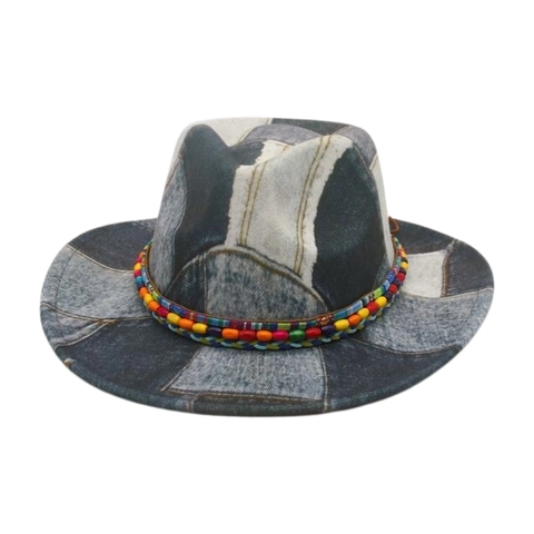 Cappello Fedora In Denim Patchwork Stile Cowboy Occidentale Bohemien Perline Colorate Tesa Larga Vintage Accessorio Sole
