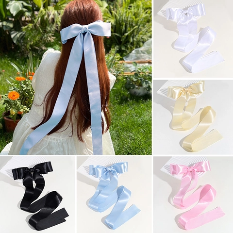 French Style Satin Ribbon Bow Hair Clip With Long Streamer Solid Color Spring Clip Hairpins Daily Wedding Party Hair Accessories For Women