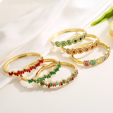 Bracciale Rigido In Rame Placcato Oro Da Donna Con Zircone Colorato Intarsiato Stile INS Gioielli Geometrici