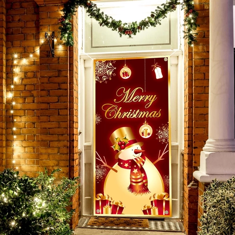 Kerst Deurvlag Banner Polyester Gouden Sneeuwpop Print Feestelijke Tuin Ophangdecoratie