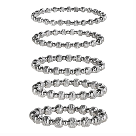 Stainless Steel Beaded Bracelet Elastic Silver Textured Metal Bead Jewelry For Women Men Punk Stackable Non Fading Stretch Bracelet Gift