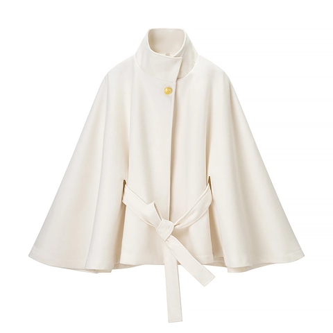 Damen Casual Wollmantel Cape Mit Stehkragen Trompetenärmel Gürtel Kurz Einfarbig Elegant Winterjacke Oberbekleidung