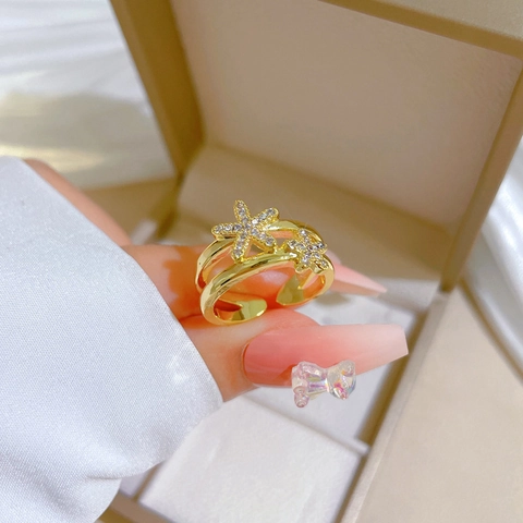 Anello Aperto Stella Marina Ottone Placcato Oro Vero Zirconi Regolabile Gioielli Moda Donna