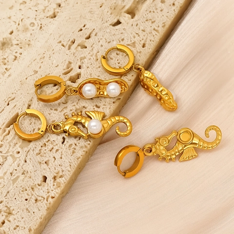 Orecchini Cavalluccio Marino Arachide Placcati Oro 18k Acciaio Inossidabile 304 Perla Artificial Imitazione Gioielli Vintage Donne