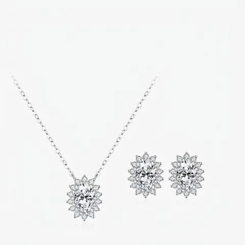 Oval Moissanite Necklace And Earrings Jewelry With 925 Sterling Silver And Cubic Zirconia Sunflower Design For Women
