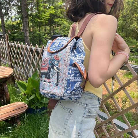 Ethnic Elephant Embroidery Canvas Backpack Women Bohemian Style Drawstring Flap Travel Casual Daypack School