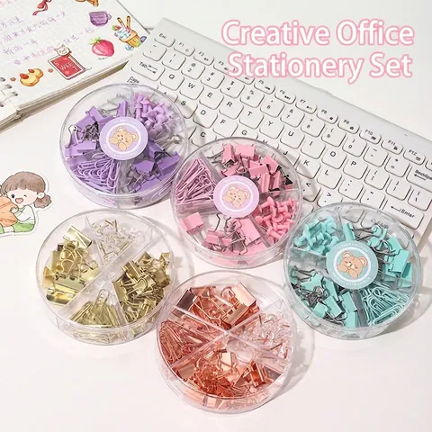 Macaron Colored Binder Clips Paper Clips Push Pins With Round Transparent Divided Box Metal Stationery For Office School Desk Organization