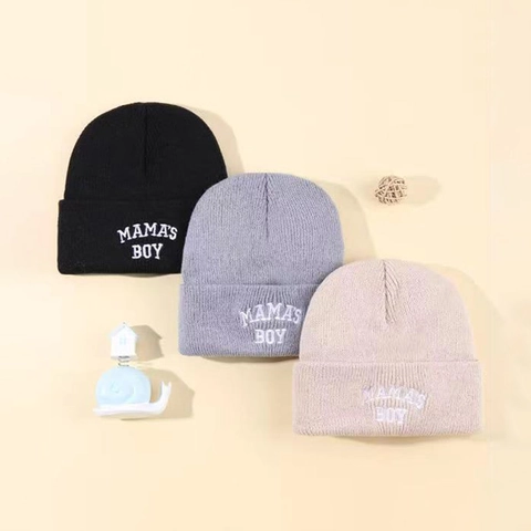 Berretto Beanie Acrilico Maglia Caldo Inverno Risvolto Costine MAMA'S BOY Ricamato Per Bambini Ragazze Neonati