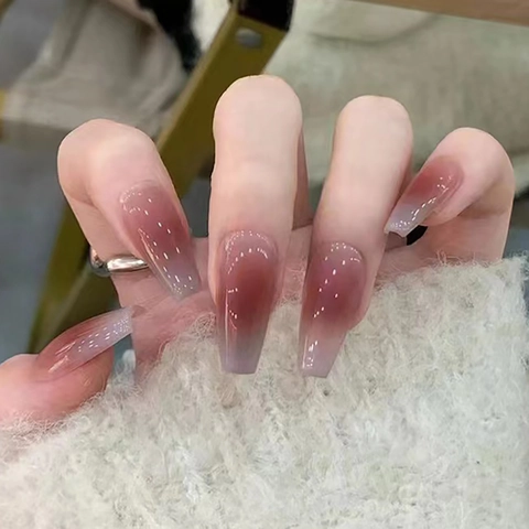 Press On Nails Long Coffin Shape Gradient Pink Purple Glossy Full Cover Artificial False Nails Removable Reusable Manicure