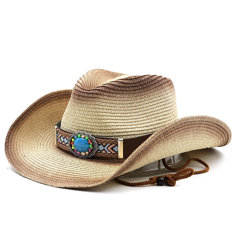 Chapeau De Cow-Boy En Paille De Papier Dégradé Large Bord Ethnique Bohème Décor Turquoise Corde À Vent Chapeau De Soleil