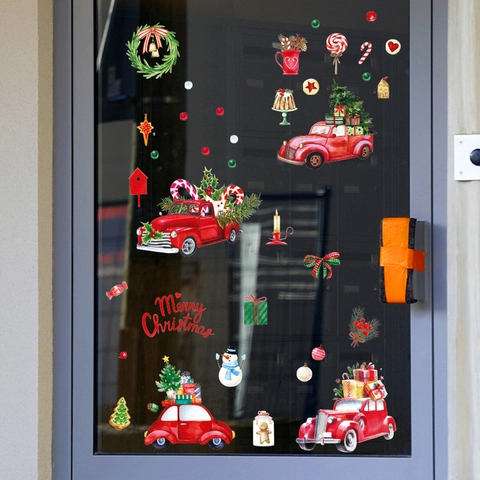 Weihnachten Roter LKW Fensterbilder Statische PVC Aufkleber Weihnachtsmann Baum Muster Doppelseitig Bedruckte Glasaufkleber Dekoration Set