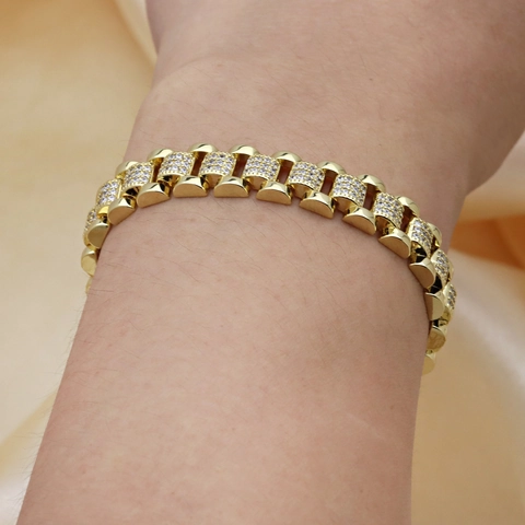 Bracciale A Catena Per Orologio Iced Out Rame Placcato Oro 18K Zirconia Hip Hop Punk Gioielli Per Donna
