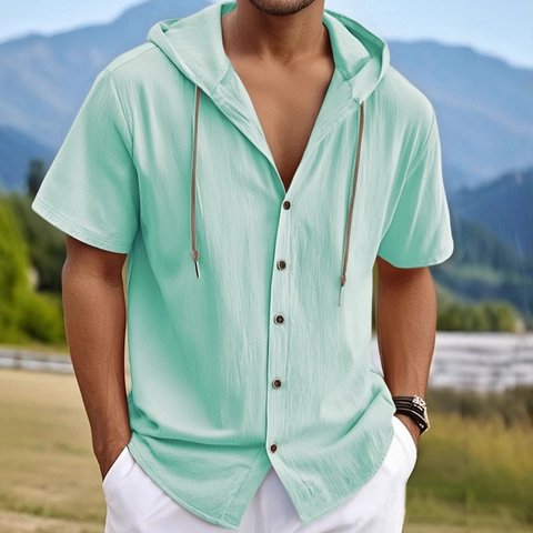 Men Short Sleeve Hooded Shirt Linen Polyester Blend Button Down Loose Fit Casual Summer Lightweight Solid Color Breathable